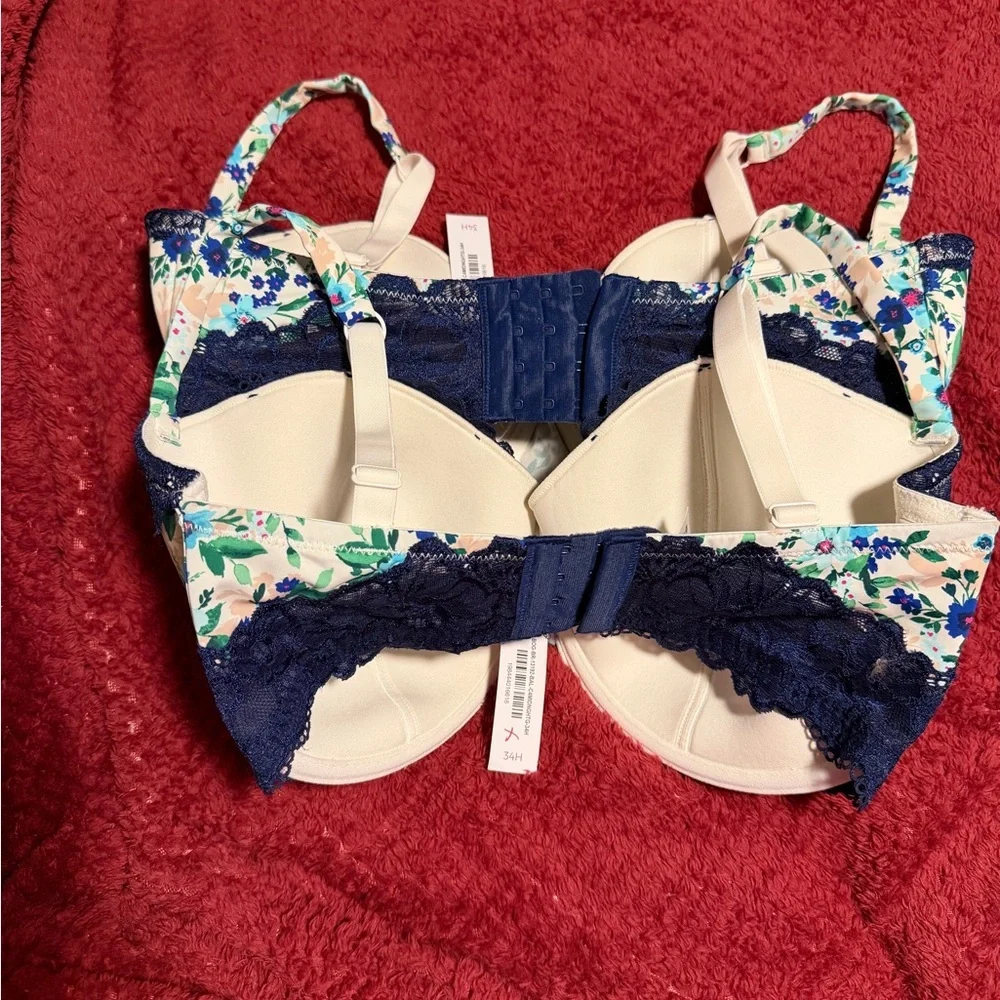 Adore Me Navy and Cream Floral Lace Bra